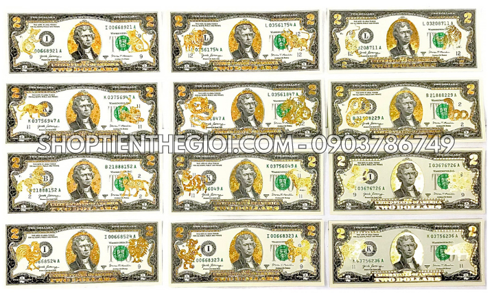Bộ Tiền 2 USD in hình 12 Con Giáp 3D nhũ vàng